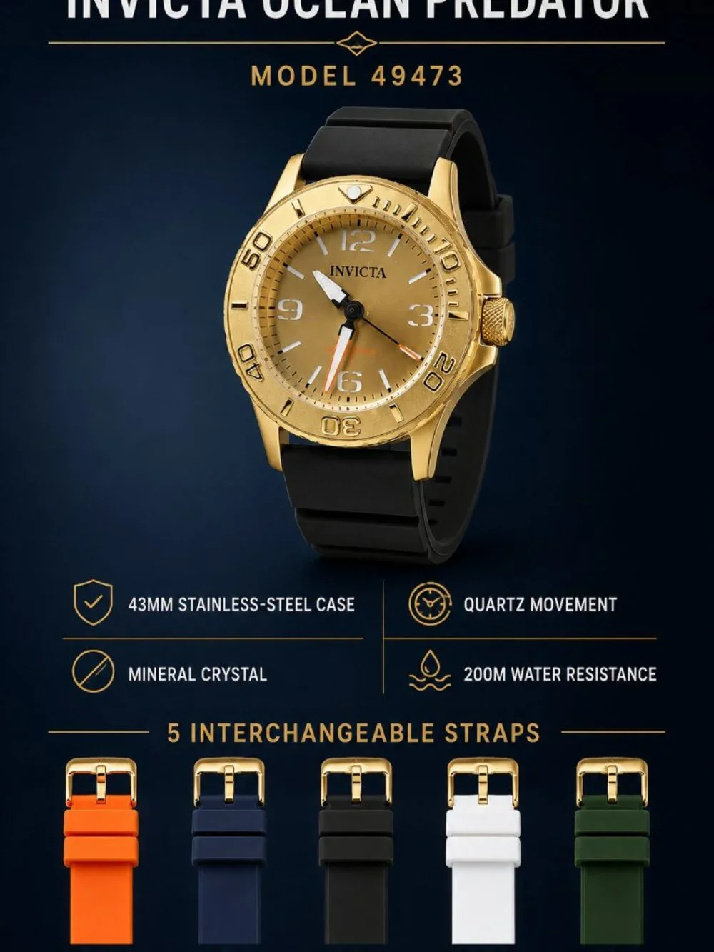 Invicta Ocean Predator 49473 Men’s Gold-Tone Watch 43mm + 5 Straps NIB
